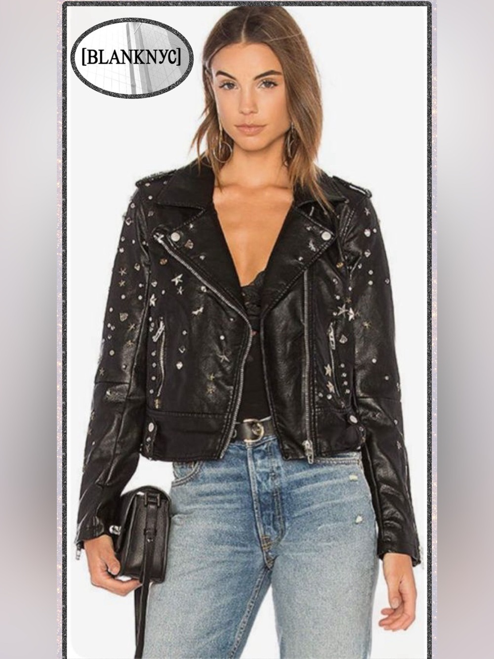 BLANKNYC West Side Star Studded Black Vegan Leather Moto Jacket Small NWT